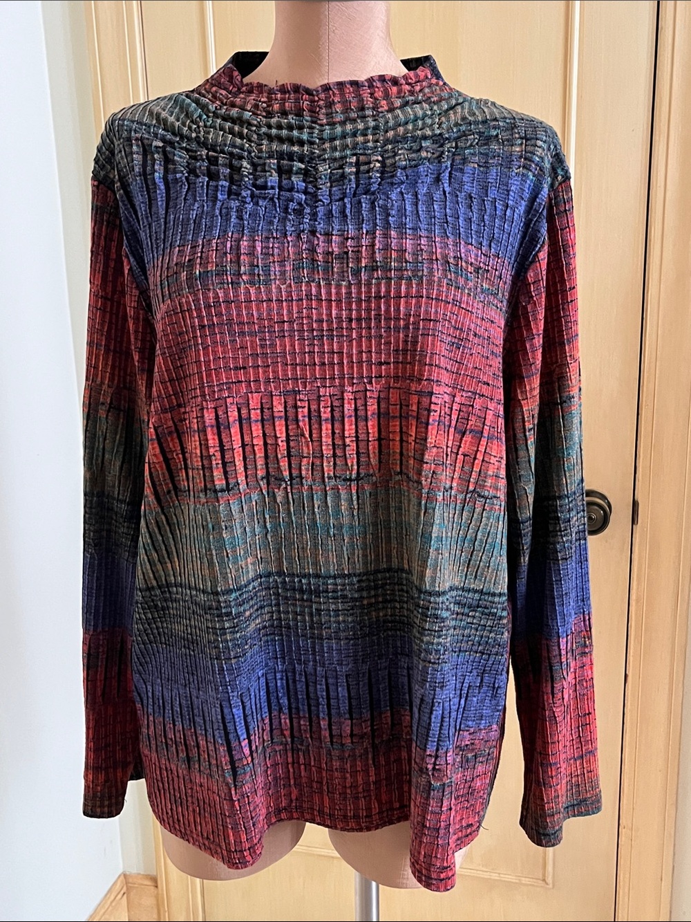 TRISHA TYLER Artsy Fall Casual Multicolor Ribbed Knit Rushed Detail Sweater XL